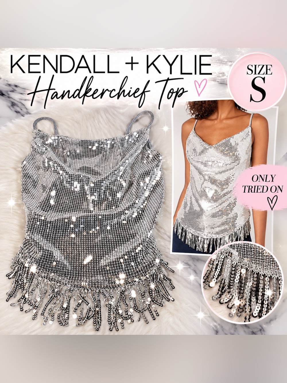 Kendall & Kylie Silver Sequin Fringe Handkerchief Top - only tried on, size S